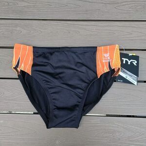 New TYR Men's Durafast Elite Phoenix Destroyer Blk/orange Racer Brief SZ 32 New